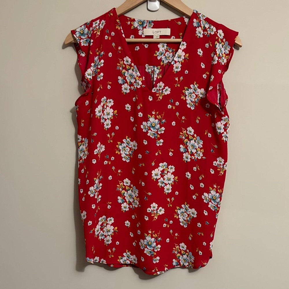 LOFT Red Blouse with Floral Print and V-Neck S Small